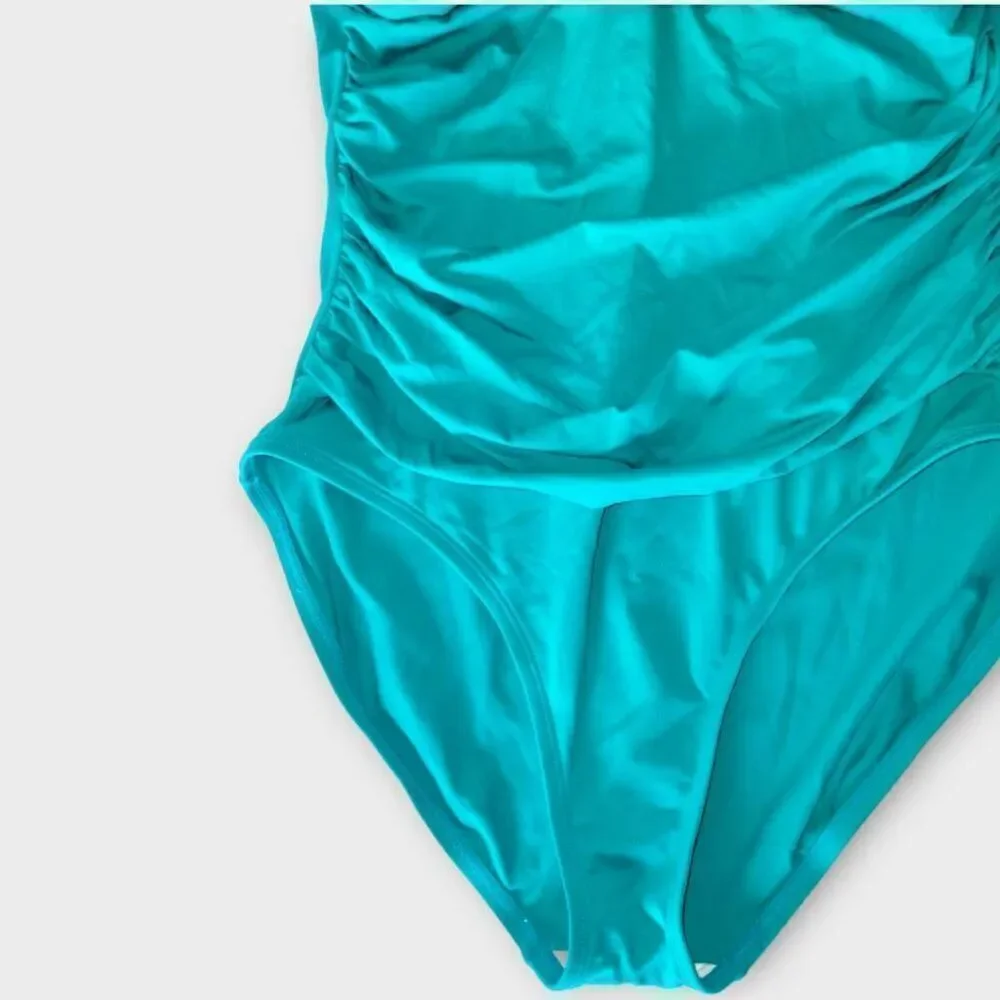 ANA Womens Swimsuit Sz 14 One Piece Turquoise Bra Support Ruched Torso High Legs